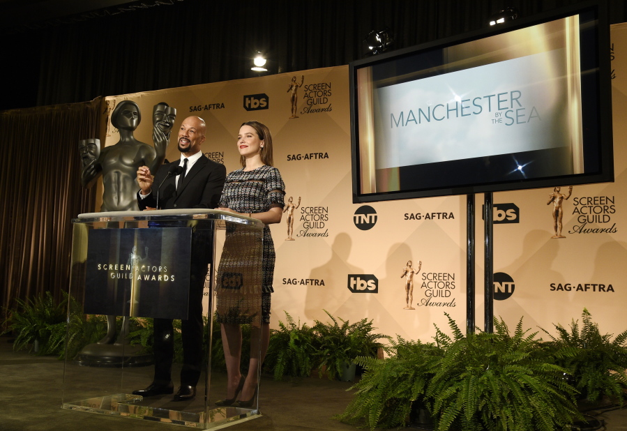 Presenters Common, left, and Sophia announce &quot;Manchester by the Sea&quot; as a nominee for Cast in a Motion Picture during the nominations for the 23rd Annual Screen Actors Guild Awards at the Pacific Design Center on Wednesday in West Hollywood, Calif. The annual awards show honoring film and television performances will be held on January 29, 2017, in Los Angeles.