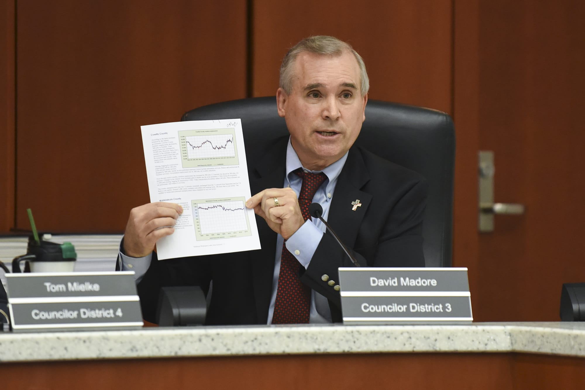 County councilor David Madore discusses the fee waiver program during the final county council hearing of the year at the Clark County Public Service Center, Tuesday December 13, 2016.