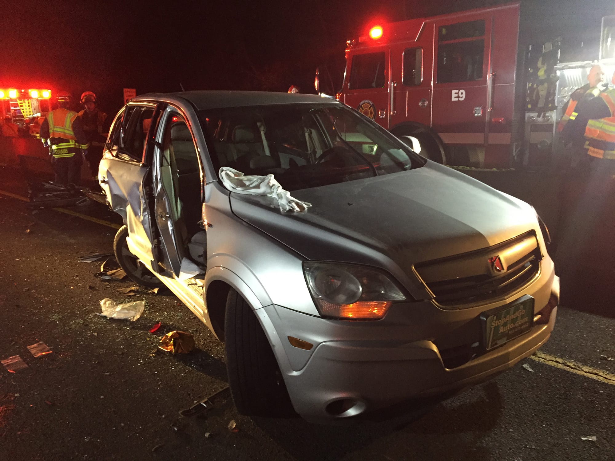 Firefighters from the Vancouver Fire Department and Clark County Fire District 6 respond Tuesday night to a six-vehicle crash on state Highway 14 in Vancouver. Six people were hurt but are expected to survive their injuries.