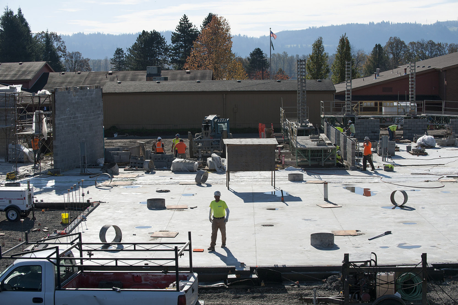 Construction crews work on the Washougal School District&#039;s new $47 million campus for grades K-8, made up of a replacement Jemtegaard Middle School and the new Columbia River Gorge Elementary School. Washougal is one of many school districts in Clark County currently in the process of building new schools or hoping to, as the county could see at least $735.7 million in school construction in the near future.