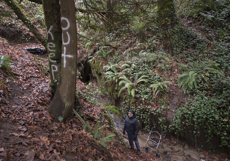 A warning message is spray-painted on trees at the spot of a former homeless encampment at Arnold Park as Vancouver resident Peter Bracchi looks on Dec. 2.