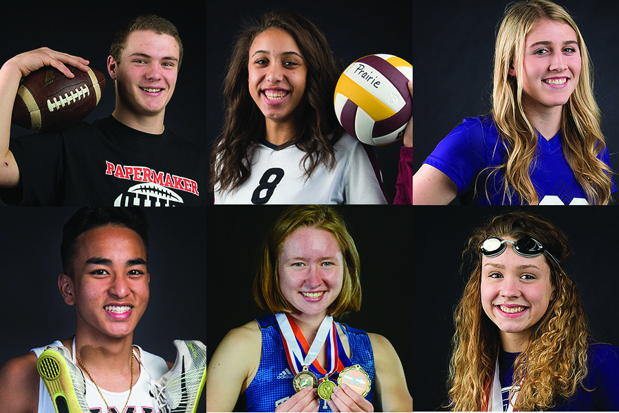 All-Region athletes of the fall, clockwise from top left, Jack Colletto of Camas, Zoe McBride of Prairie, Ellie Walker of Columbia River, Kara Noftsker of Columbia River, Savanna Craig of Mountain View and Yacine Guermali of Camas