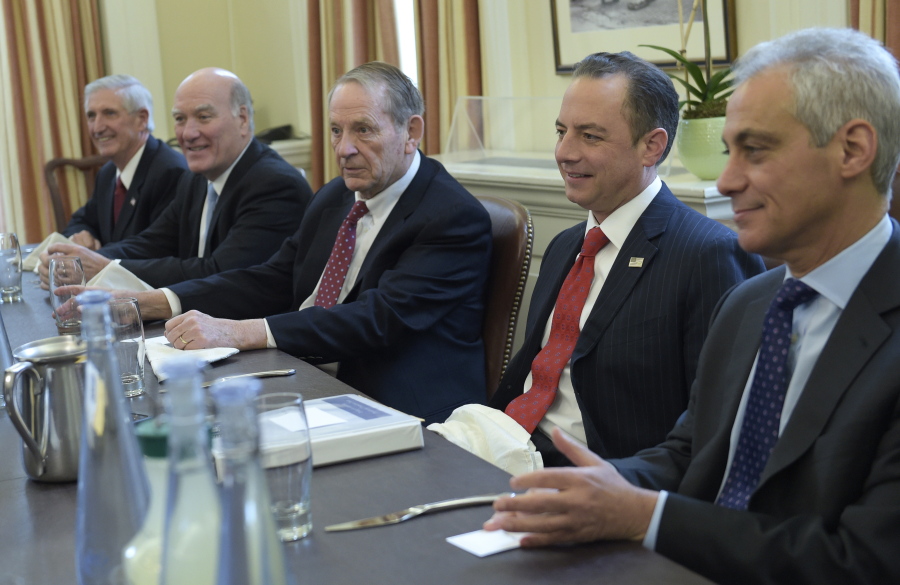 President-elect Donald Trump&#039;s incoming White House Chief of Staff Reince Priebus, second from right, attends a meeting with former White House Chiefs of Staff in the office of current White House Chief of Staff Denis McDonough at the White House in Washington, Friday, Dec. 16, 2016. From left are, Andrew Card, Bill Daley, Samuel Skinner, Priebus and Rahm Emanuel.