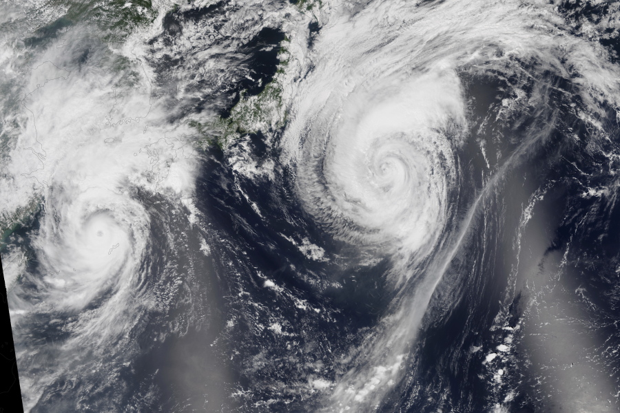 This image mosaic taken in August 2015, based on data collected during two orbital passes of the Visible Infrared Imaging Radiometer Suite (VIIRS) shows typhoons in the western North Pacific.
