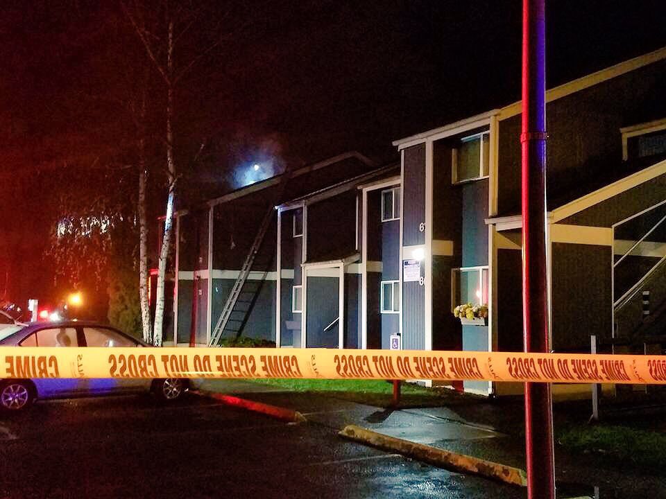 Fire damaged units Saturday at the Fort Vancouver Terrace Apartments, 4710 Plomondon St., in Vancouver.