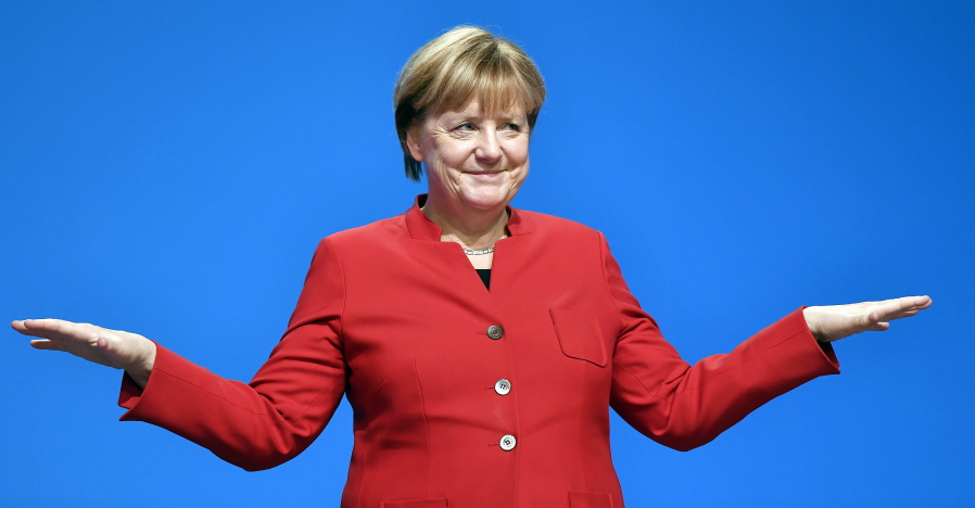 German Chancellor and chairwoman of the CDU, Angela Merkel, gestures Tuesday after her speech as part of a general party conference of the Christian Democratic Union in Essen, Germany. Merkel wants to secure the backing of her conservative party to head up the party&#039;s campaign for next September&#039;s election.