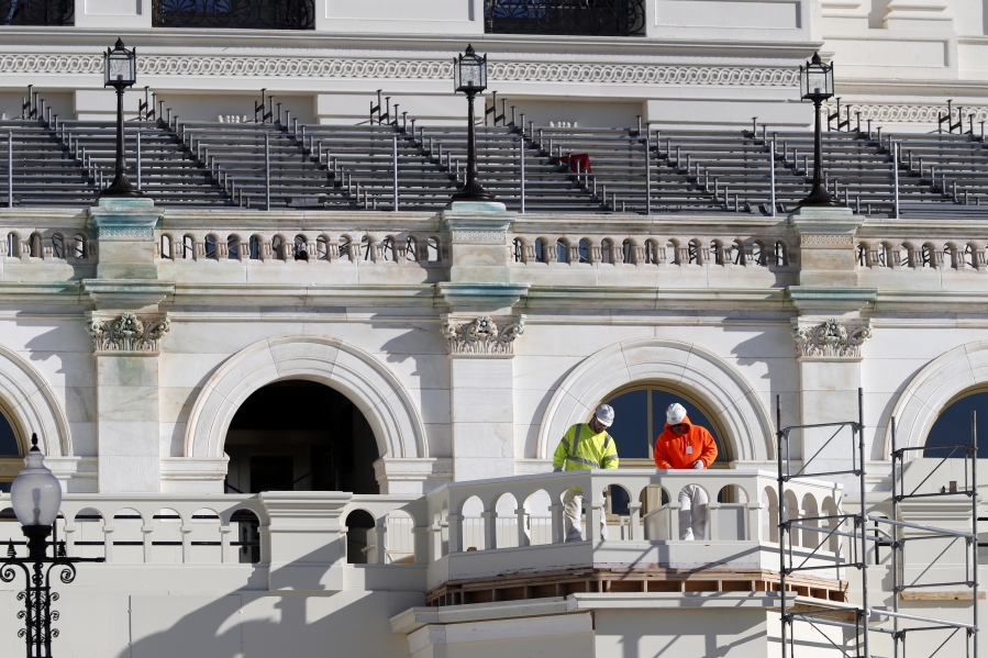 Work continues Wednesday on the stand for the inauguration of President-elect Donald Trump on the West Front of the Capitol in Washington. Trump will be sworn in at noon on Jan. 20 as America&#039;s 45th president.