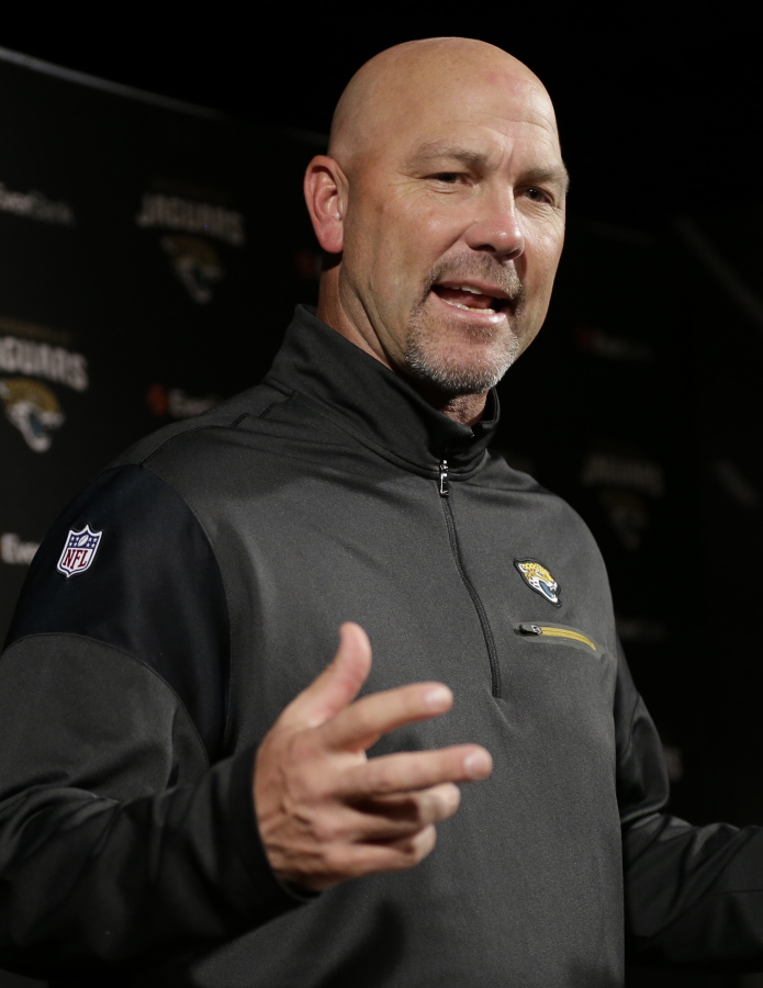Jacksonville Jaguars head coach Gus Bradley talks to media after falling to the Houston Texans in an NFL football game Sunday, Dec. 18, 2016, in Houston. Bradley was fired after the loss. (AP Photo/David J.