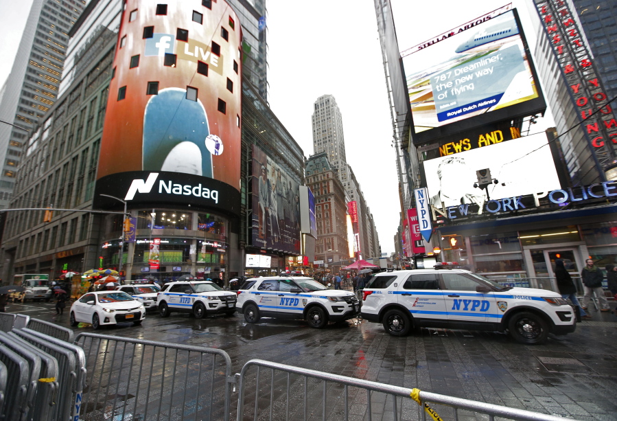 A row of New York City police cars is parked along a street in Times Square, Thursday, Dec. 29, 2016, in New York. The department is once again saying it is up to protecting the huge crowds that will gather in and around Times Square for New York City&#039;s massive New Year&#039;s Eve celebration.