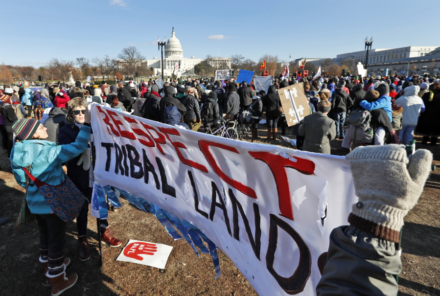 Demonstrators gather on Capitol Hill in Washington, Saturday to protest the Dakota Access oil pipeline.