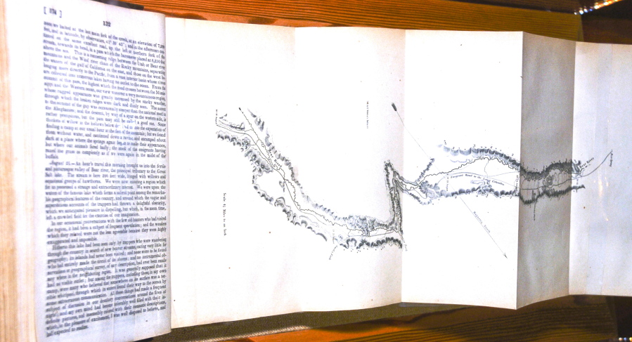A seven-section fold-out topographical map of the Oregon Trail is bound into an 1846 book about John C. Fremont displayed at the National Historic Oregon Trail Interpretative Center in Baker City, Ore. (Photos by S.