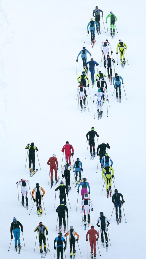 Ski mountaineering racers make their way up the 45th Parallel run during the Northwest Passage Ski Mountaineering Vertical Race at Brundage Ski resort in McCall, Idaho. The vertical race featured a sprint to the top of the mountain that included 530 meters of elevation gain.