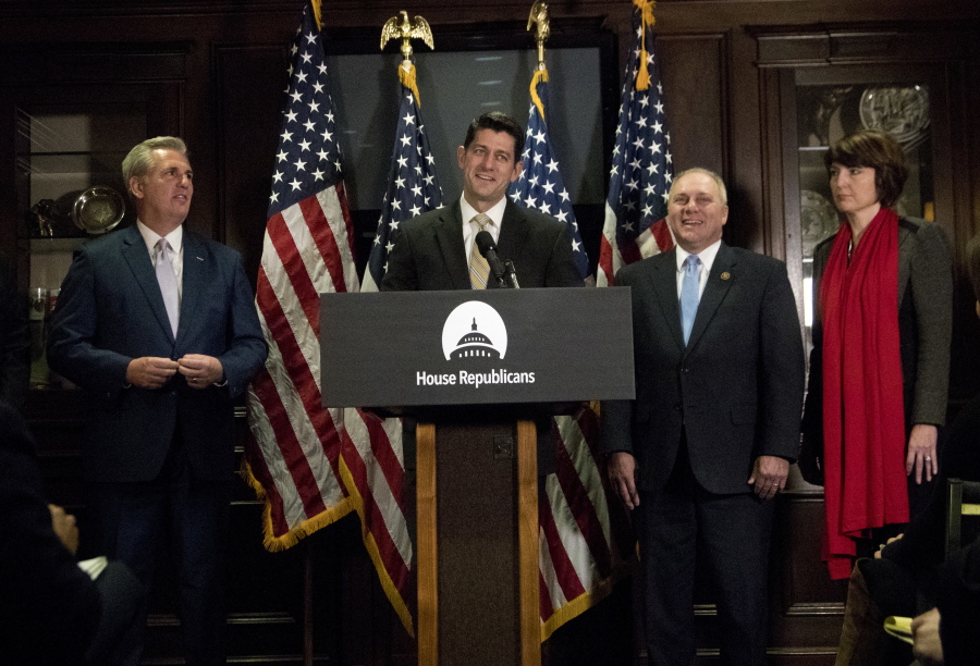 House Speaker Paul Ryan of Wis., second from left, joined by, from left, House Majority Leader Kevin McCarthy of Calif., House Majority Whip Steve Scalise, R-La. and Rep. Cathy McMorris Rodgers, R-Wash., speaks to reporters during a news conference, on Capitol Hill in Washington, Tuesday, Dec. 6, 2016.