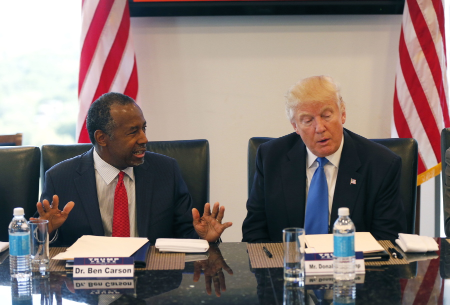 Former Republican presidential candidate Dr. Ben Carson during Republican presidential candidate Donald Trump&#039;s roundtable meeting Aug. 25 with the Republican Leadership Initiative in his offices at Trump Tower in New York. Trump has chosen former Campaign 2016 rival Ben Carson to become secretary of the Department of Housing and Urban Development.