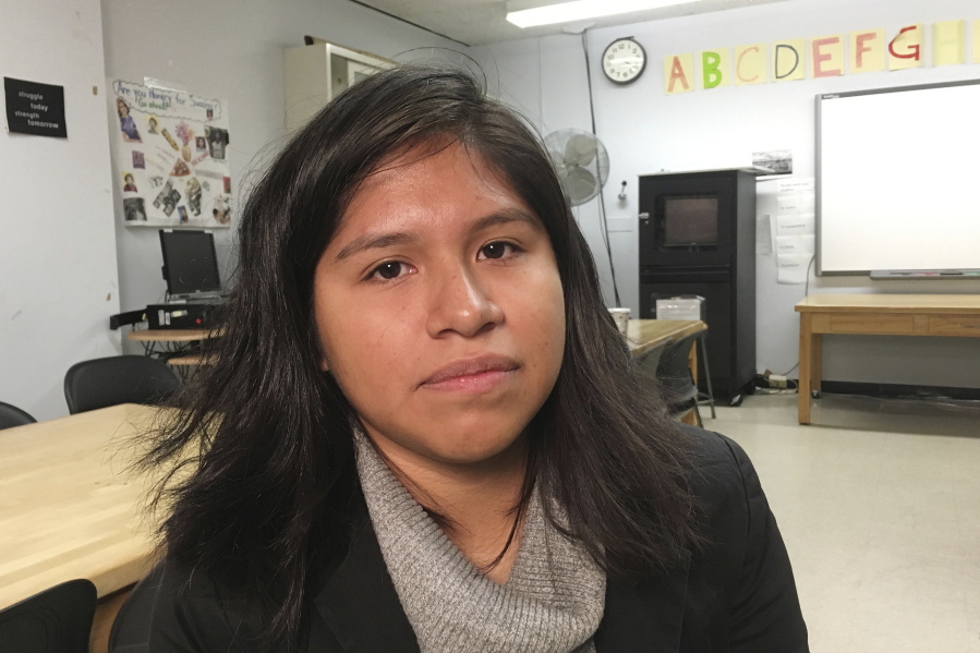 In this photo taken Dec. 1, 2016, Nancy Lopez-Ramirez, 20, from Mexico, discusses her travel plans at City College of New York. Young immigrants who live illegally in the country and are traveling abroad have been advised to return to the U.S. before Donald Trump is sworn in as president on Jan. 20.
