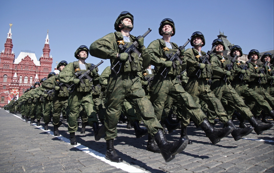 Russian soldiers march during the Victory Day military parade marking 71 years after the victory in WWII in Red Square in Moscow, Russia, in May.