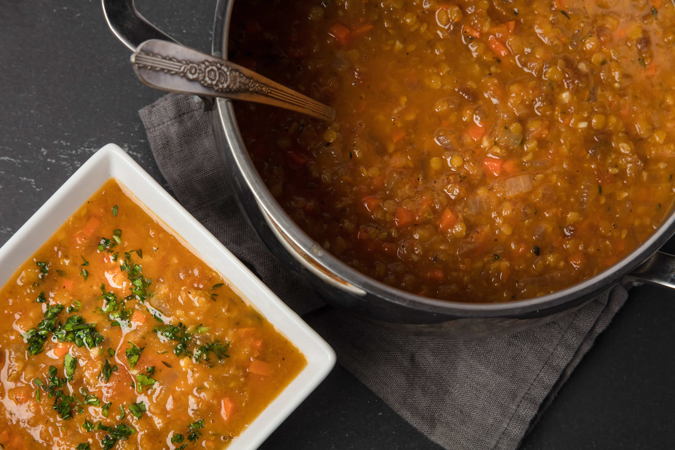 Apricot and Red Lentil soup; dried fruit brings sunshine to this winter dish.