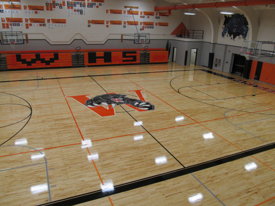 Looking down on the new hardwood floor installed inside the Joe Brown Gymnasium at Washougal High School. A ribbon cutting ceremony will take place on Tuesday, Sept.