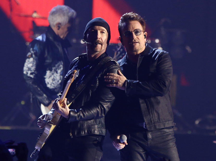 The Edge and Bono of the band U2 perform Sept. 23 at the iHeartRadio Music Festival in Las Vegas.