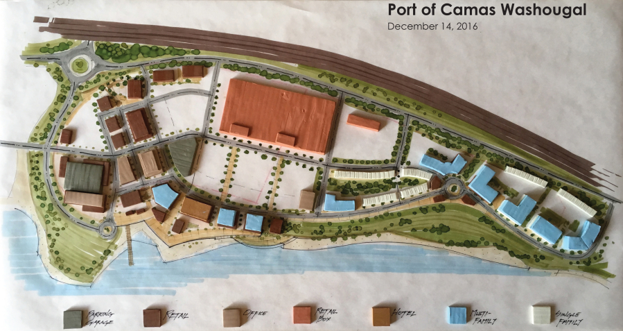 A Port of Camas-Washougal waterfront master planning vision, created by Seattle architect David Hansen, includes a parking garage, retail, office space, hotel and residential developments.