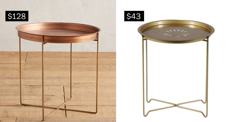 Kapona tray table in copper, $128 (anthropologie.com), left. Round fold-down accent table, $43 (overstock.com).