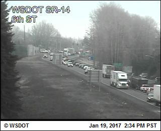 A two-vehicle crash jammed both directions of state Highway 14 by Washougal Thursday afternoon.