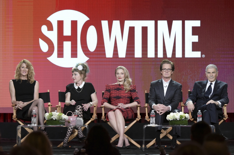 Laura Dern, from left, Kimmy Robertson, Madchen Amick, Kyle MacLachlan and Robert Forster attend the &quot;Twin Peaks&quot; panel at the Showtime portion of the 2017 Winter Television Critics Association press tour Monday in Pasadena, Calif.