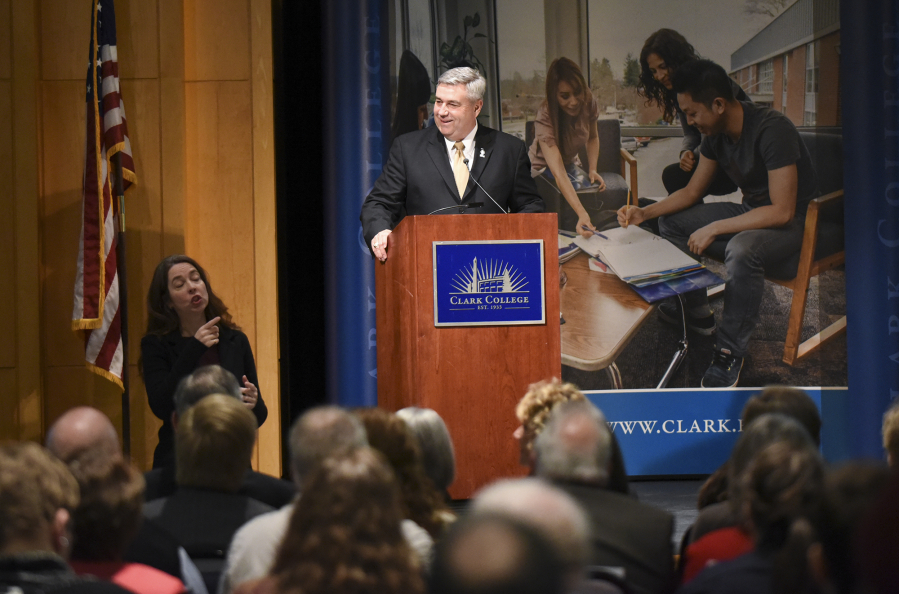 At his State of the College address on Friday, Clark College President Robert Knight spoke in detail about the college&#039;s efforts to get state funding for its upcoming Clark College at Boschma Farms campus in Ridgefield.