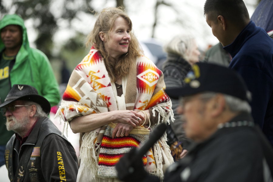 Mary Wood attends the 17th annual Nez Perce Chief Redheart Memorial Ceremony at the Fort Vancouver National Historic Site in April 2014. Wood created a legal argument called atmospheric trust litigation that is being used by children to sue some state governments and the federal government over climate change.