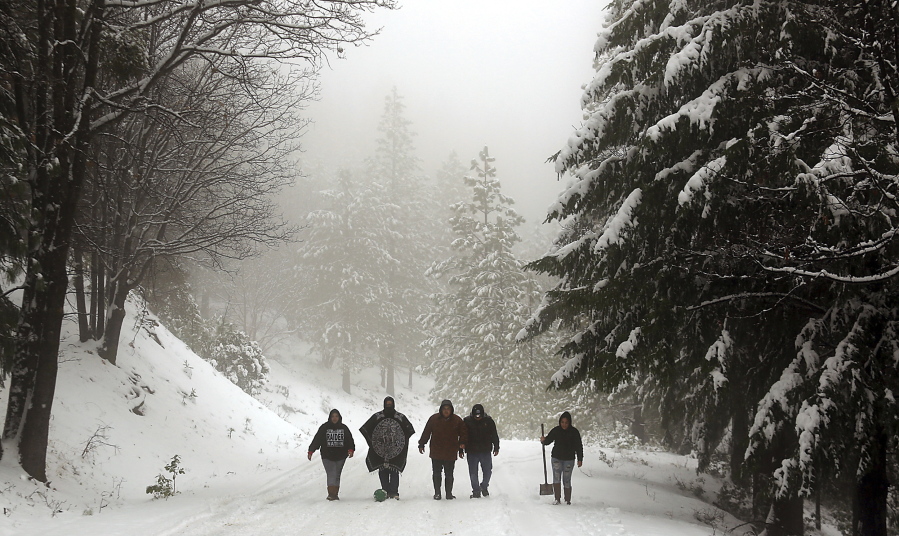 A group of friends from Clearlake, Calif., walk Elk Mountain Road as they look for a favorable sledding hill at Penny Pines above Upper Lake in the Mendocino National Forest, Calif., Tuesday, Jan. 3, 2017. The new year is starting off with snow on San Francisco Bay Area peaks and cool and wet weather throughout the region.