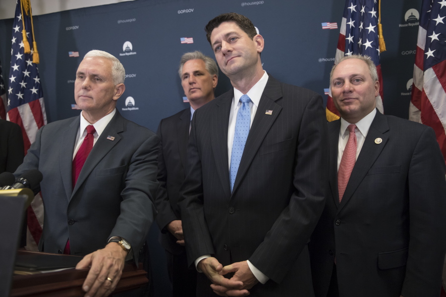 From left, Vice President-elect Mike Pence, House Majority Leader Kevin McCarthy of Calif., House Speaker Paul Ryan of Wis., and House Majority Whip Steve Scalise of La. meet with reporters on Capitol Hill in Washington on Wednesday following a closed-door meeting with the GOP caucus to discuss repeal of President Obama&#039;s health care law now that the GOP is in charge of White House and Congress. (AP Photo/J.