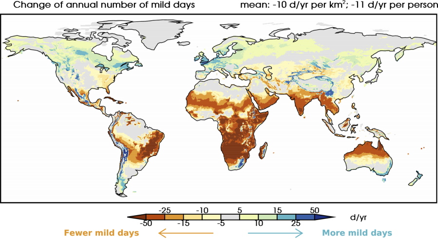 In this image provided by Karin van der Wiel/NOAA/Princeton University, shows climate change effects on patterns of mild weather. A new study said Earth will have four fewer days of mild and mostly dry weather by 2035 and ten fewer of them by the end of the century, according to a first-of-its-kind projection of nice weather.