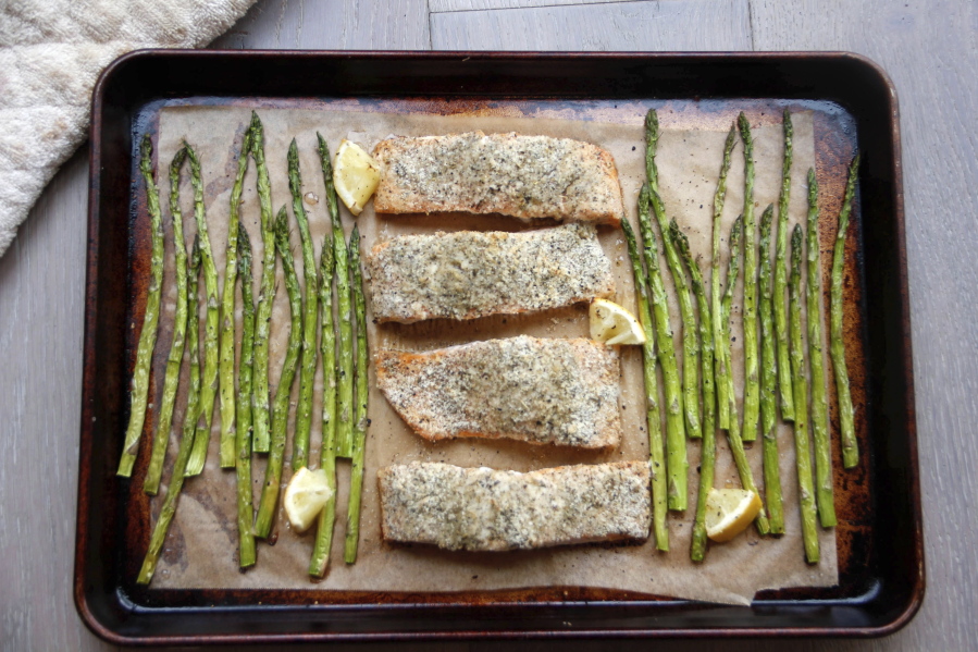 A sheet-pan supper of salmon and asparagus.