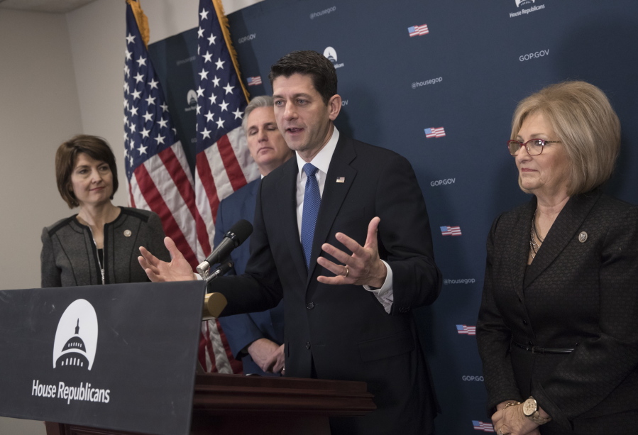 House Speaker Paul Ryan of Wis., joined by, from left, Rep. Cathy McMorris Rodgers, R-Wash., House Majority Leader Kevin McCarthy of Calif., and interim House Budget Committee Chairman Rep. Diane Black, R-Tenn., meet with reporters on Capitol Hill in Washington on Tuesday to discuss their efforts to replace the Affordable Care Act, following a closed-door meeting with the GOP caucus.  (J.