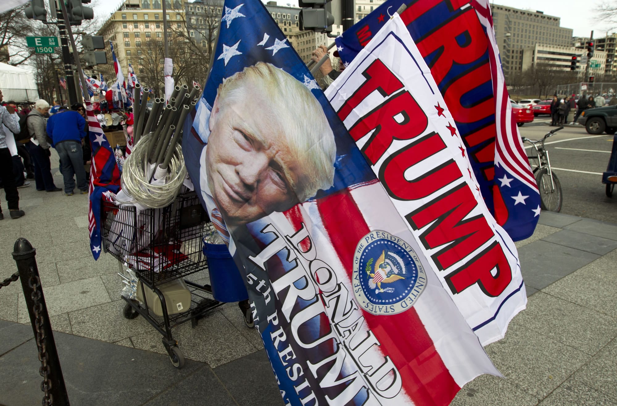 Flags with the image of President-elect Donald Trump are displayed for sale in Pennsylvania Avenue in Washington on Thursday ahead of Friday's inauguration.