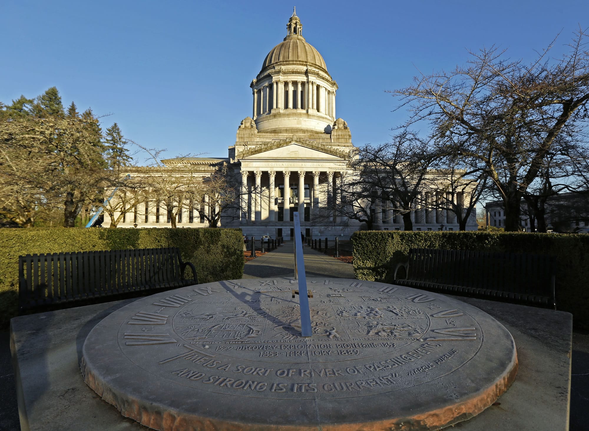 Frost covers the sundial in front of the Legislative Building at the Capitol in Olympia on Thursday. The 2017 session of the Legislature is scheduled to open on Monday. (Ted S.