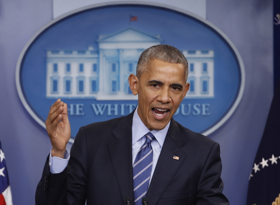 President Barack Obama speaks during a news conference in the briefing room of the White House in Washington.