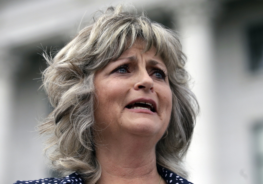Jeanette Finicum speaks with reporters during a rally at the Utah State Capitol in Salt Lake City in March.