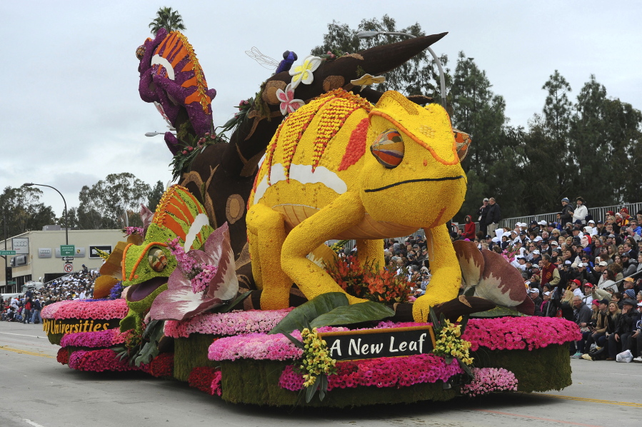 The Cal Poly Universities float, winner of the Founders&#039; Trophy for most beautiful float built and decorated by volunteers from a community or organization, rolls along the 128th Rose Parade on Monday in Pasadena, Calif.