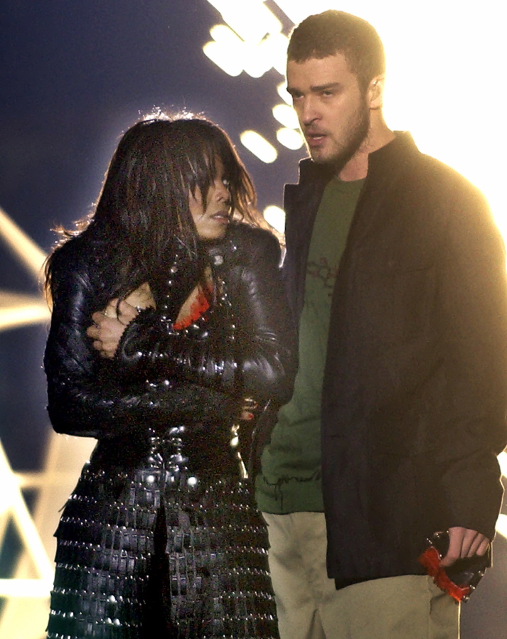 Janet Jackson covers her breast as Justin Timberlake holds part of her costume Feb. 1, 2004, after her outfit came undone during the halftime show of Super Bowl XXXVIII in Houston.