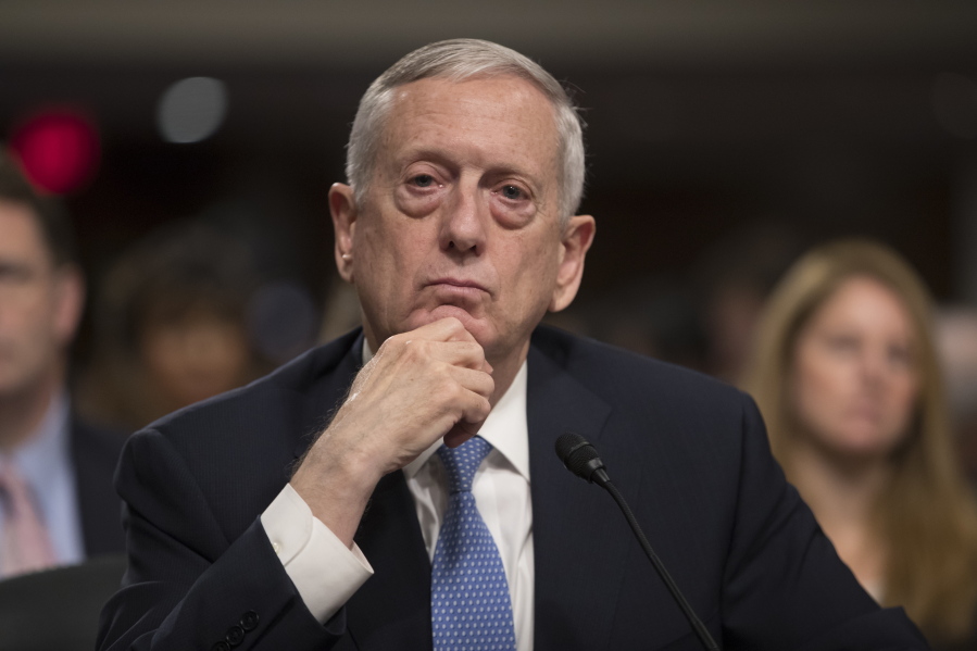 Defense Secretary-designate James Mattis listens to questions from Sen. Kirsten Gillibrand, D-N.Y., about his views on women and gays serving in the military at his confirmation hearing before the Senate Armed Services Committee on Capitol Hill in Washington on Thursday. (AP Photo/J.