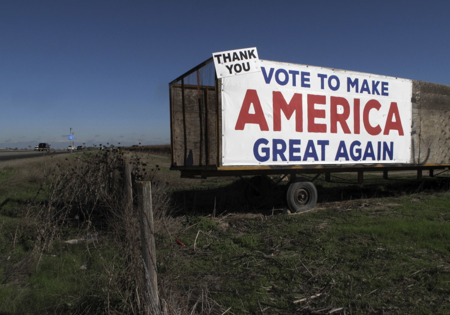 A Donald Trump campaign sign along a highway near Los Banos, Calif.