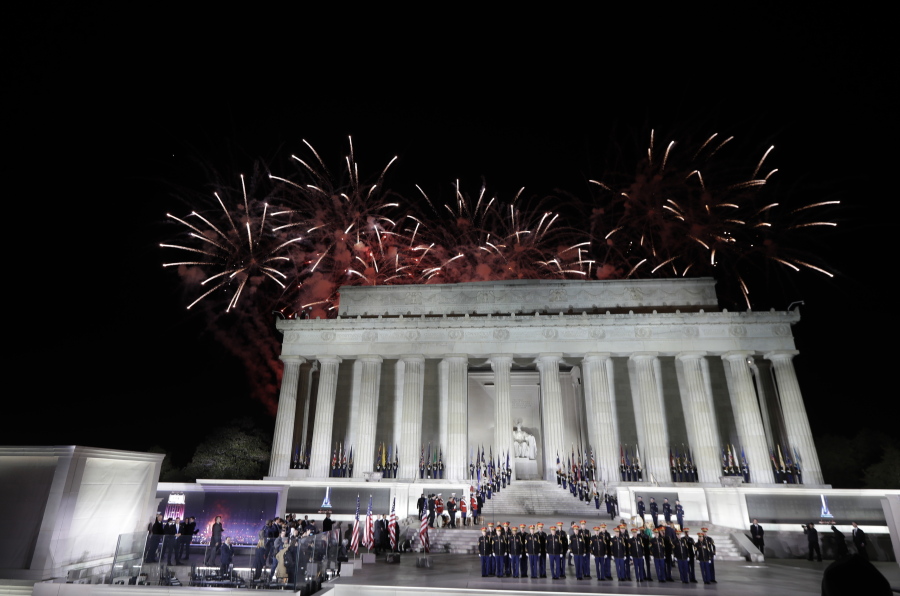 Fireworks fill the sky Thursday at the end of a pre-inaugural &quot;Make America Great Again! Welcome Celebration&quot; at the Lincoln Memorial in Washington. (David J.