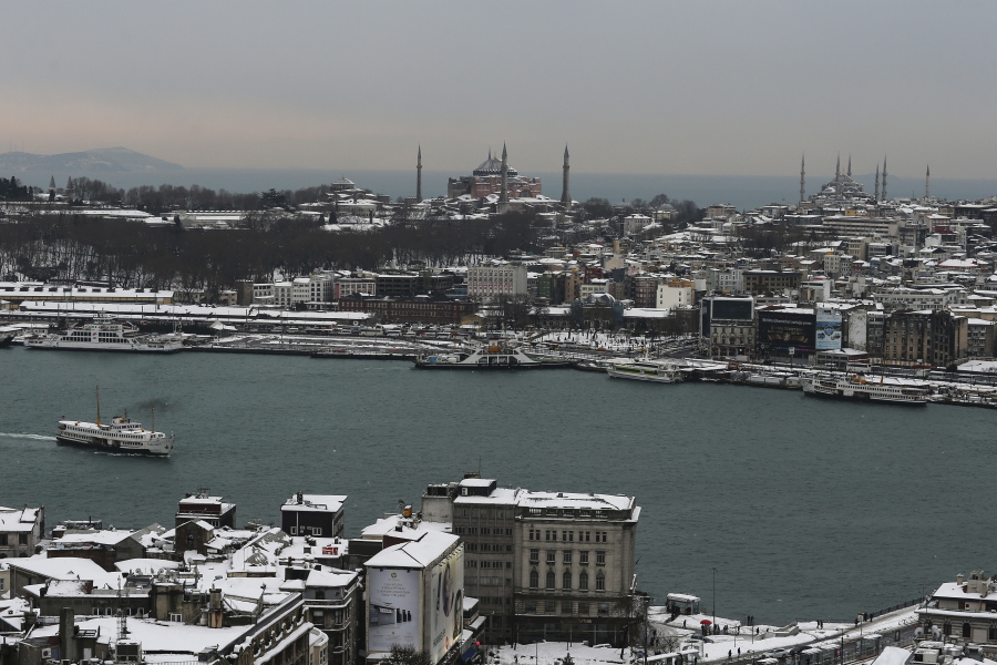 A partial view of the Old City covered in snow, in Istanbul, on Tuesday.