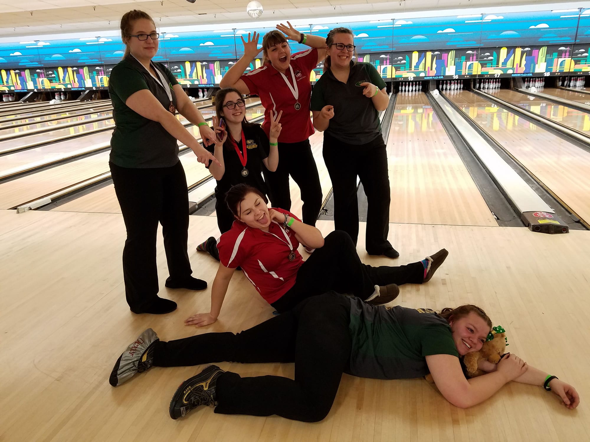 Bowlers from the Class 3A Greater St. Helens League — Evergreen’s Kerissa Andersen, Jessica Dufrain and Shannon Bliquez, Fort Vancouver’s Maddison Durr and Bailey Peters and Reagan Lorey of Hudson’s Bay — strike a pose after placing six bowlers in the top eight at the state tournament.