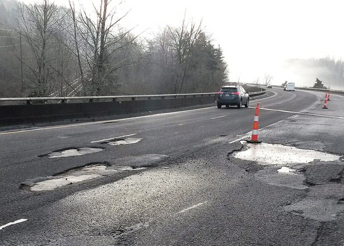 Harsh winter weather has taken a toll on the pavement of Interstate 5 at milepost 26 near Woodland. Washington State Department of Transportation crews will be out on Friday making emergency roadway repairs.