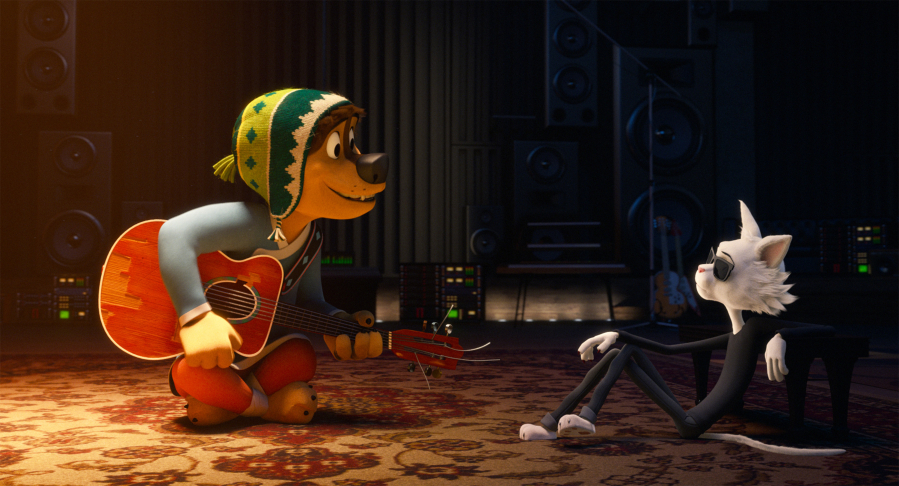 Luke Wilson provides the voice for Bodi, left, and Eddie Izzard for Angus Scattergood in &quot;Rock Dog.&quot; (Lionsgate Premiere)