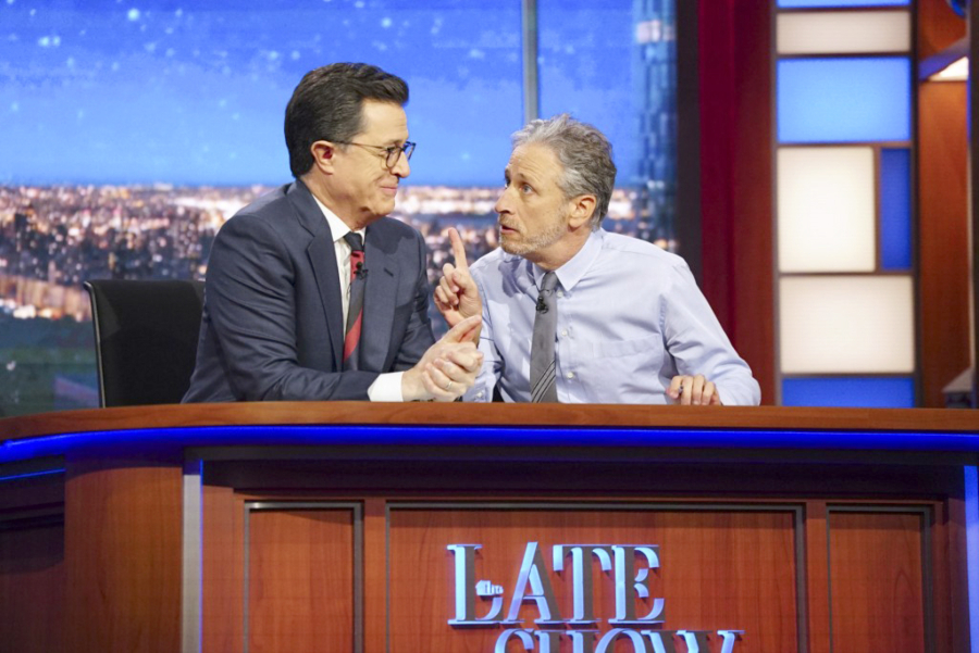 Stephen Colbert, left, and Jon Stewart reunite on CBS&#039; &quot;The Late Show&quot; on Monday.