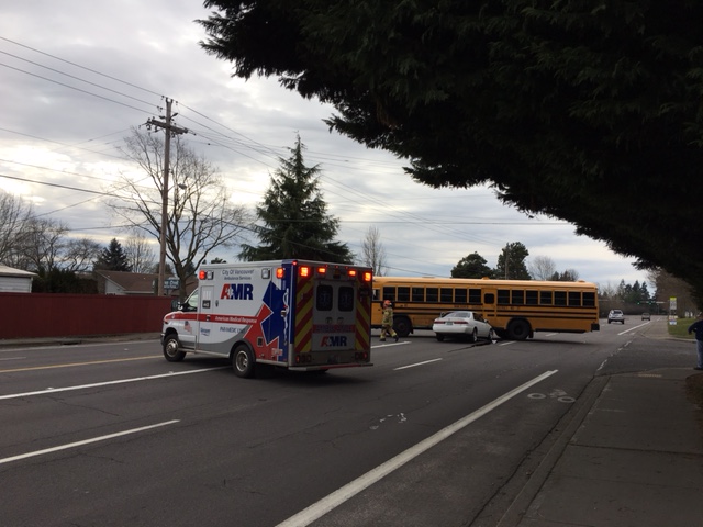 No serious injuries were reported when this car struck a school bus Tuesday afternoon near Skyview High School.