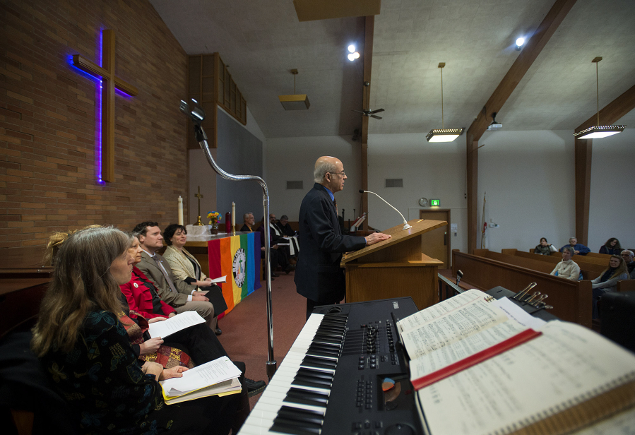 Dr. Khalid Khan, a board member of the Islamic Society of Southwest Washington, speaks during an interfaith gathering at at Vancouver Heights United Methodist Church on Wednesday afternoon.